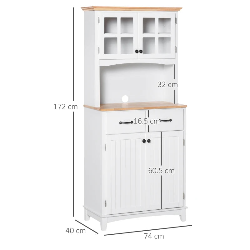 Freestanding Kitchen Cupboard with Glass Doors & 2 Drawers - Stylish White Storage Cabinet for Microwave & Kitchen Essentials