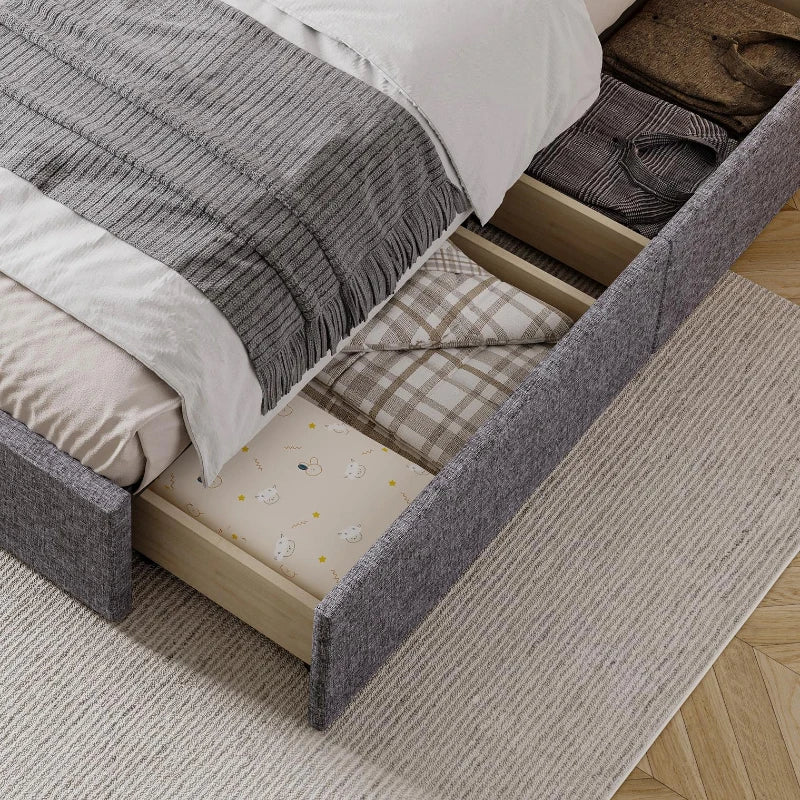 Upholstered Storage Bed with 4 Drawers - Double Bed with Iron Frame & Wooden Slats, Grey, 193.5 x 141 x 30 cm