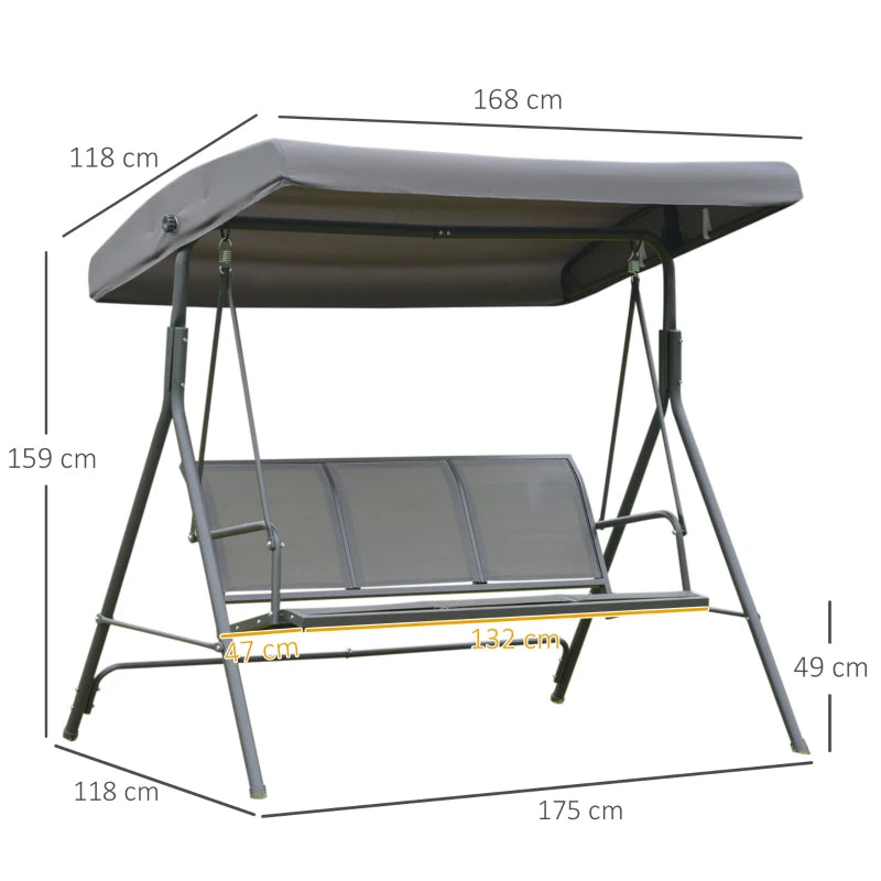 Grey 3-Seater Garden Swing Bench with Canopy and Mesh Seat