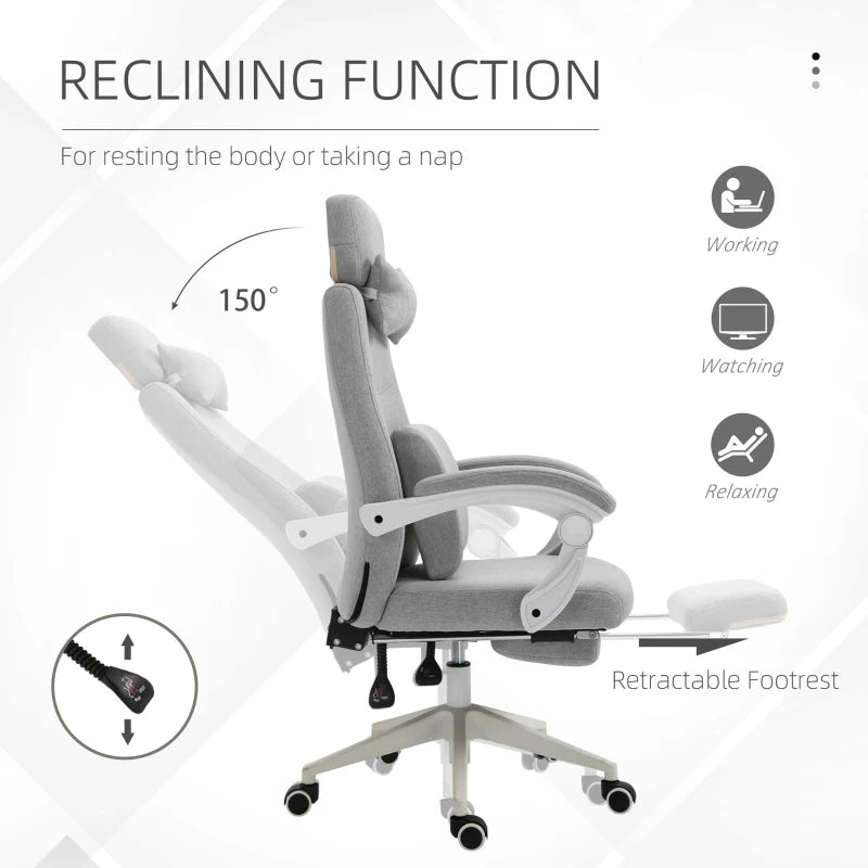 Vinsetto Ergonomic Office Chair - High Back Fabric Desk Chair with 160° Recline, Footrest, Neck & Lumbar Support - Grey