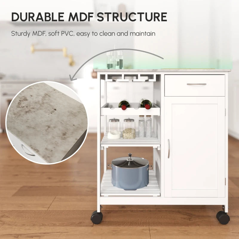 Compact Kitchen Trolley Utility Cart on Wheels with Wine Rack, Drawer & Storage Cabinet - White Dining Room Organizer