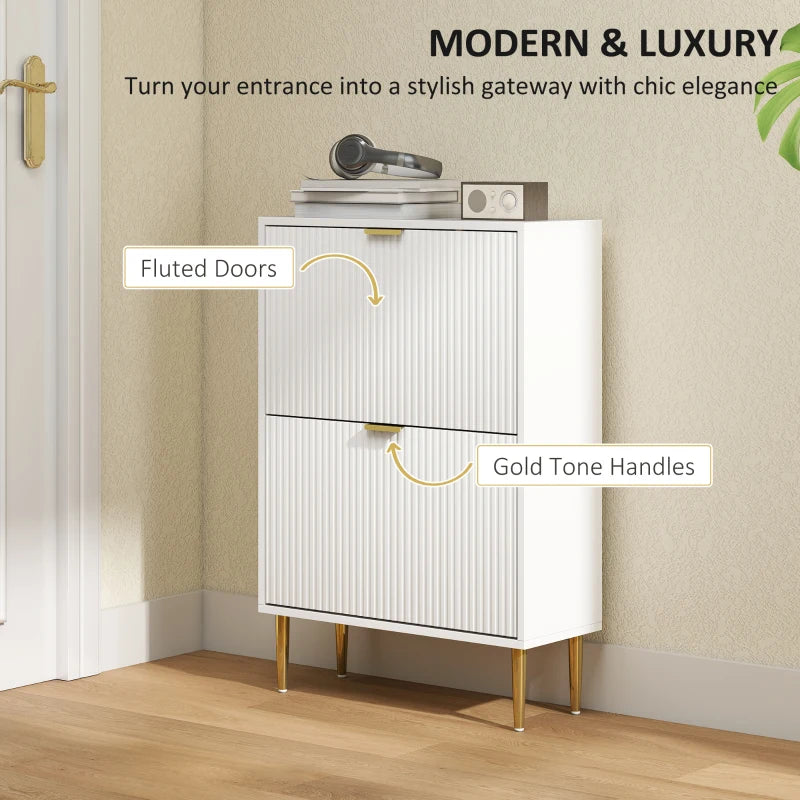 Narrow White Shoe Cabinet with 2 Flip Drawers for Space Saving Storage