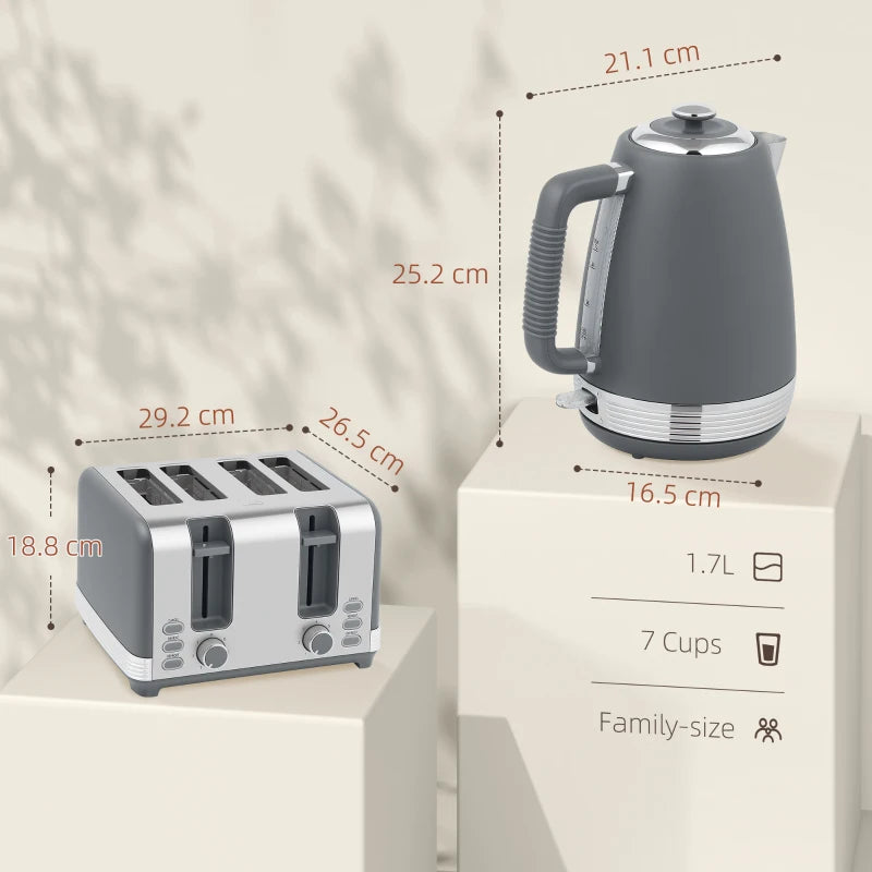 Stainless Steel Kettle & Toaster Set - 1.7L Rapid Boil Kettle with Strix Thermostat & 4-Slice Toaster, Grey/Silver