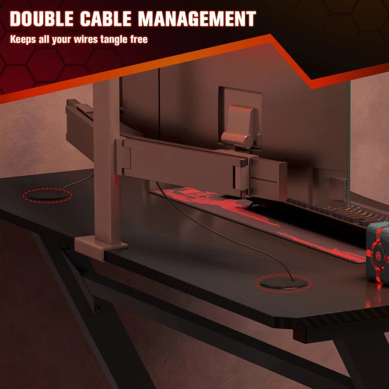 Gaming Desk 120x65 cm - Steel Frame, Cup Holder, Headphone Hook, Adjustable Feet, Cable Organizer - Black Home Office Table