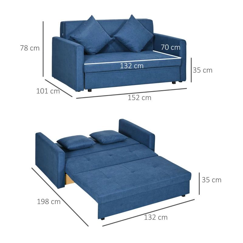 Modern 2 Seater Sofa Bed with Hidden Storage, Convertible Loveseat Couch in Deep Blue for Living Room