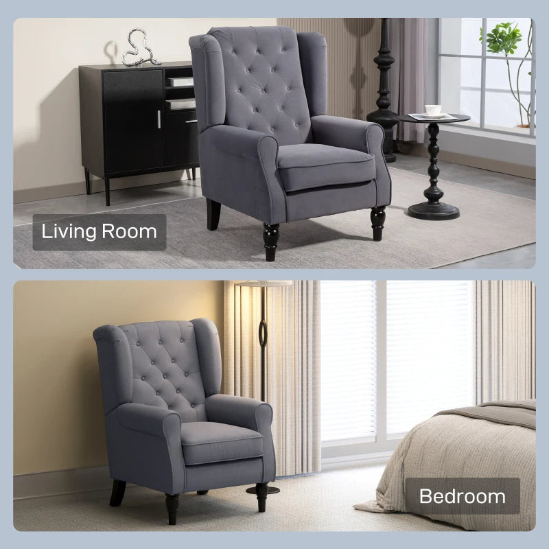 Retro Upholstered Wingback Accent Chair with Button Tufting for Living Room and Bedroom in Charcoal Grey