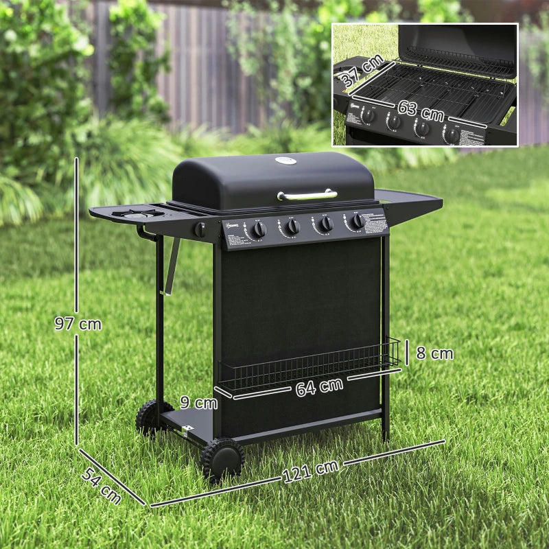 4+1 Burner Portable Gas BBQ Grill with Thermometer, Side Table, Wheels for Outdoor Cooking