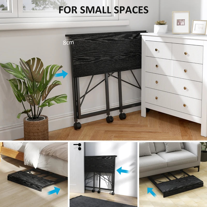 Compact 80 cm Folding Desk on Wheels - Versatile Black Mobile Workstation for Home Office, Study, and Small Spaces