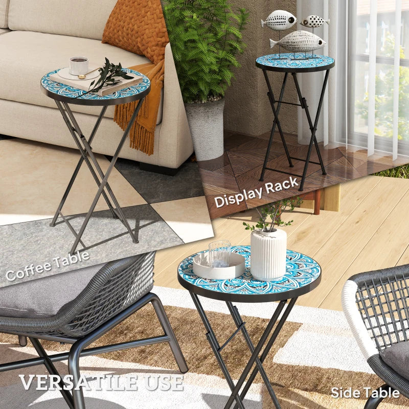 Mosaic Round Folding Garden Table, 35.5cm Blue Coffee Table for Balcony & Terrace