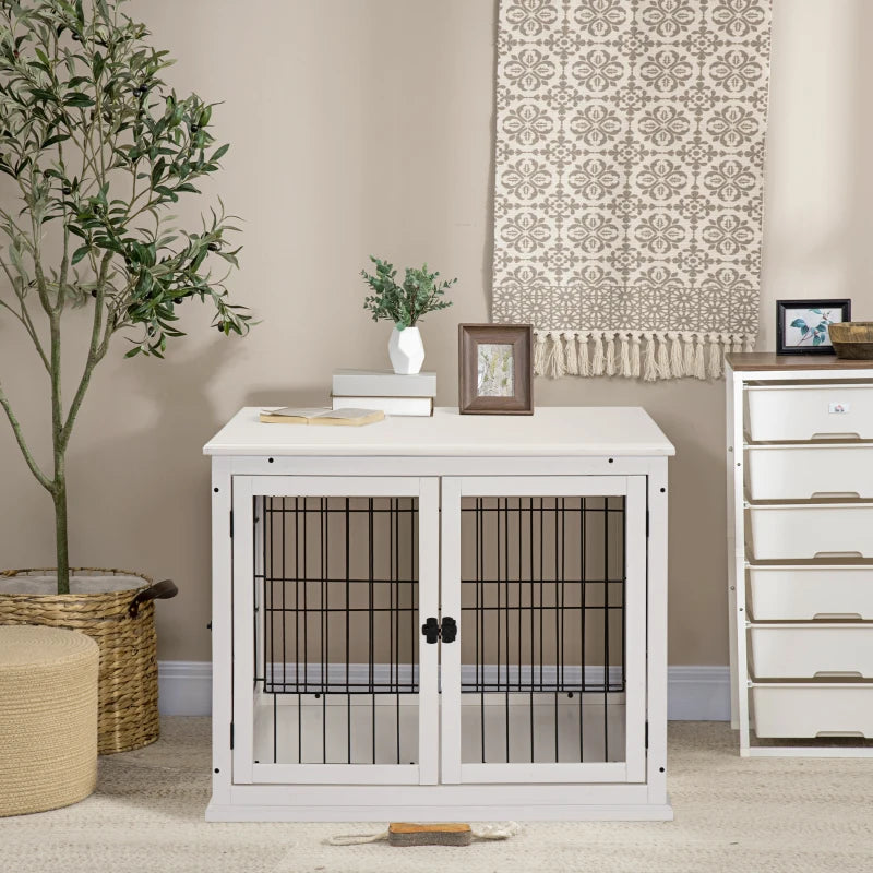 Stylish Dog Crate Furniture - Puppy End Table Kennel with 2 Doors for Medium & Small Dogs, White, 81x58.5x66 cm