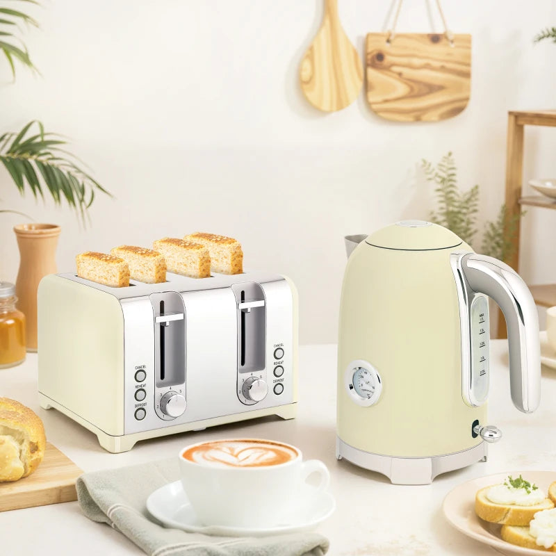 Retro 3000W Cream Kettle and Toaster Set - Stylish Kitchen Appliances for Perfect Breakfasts