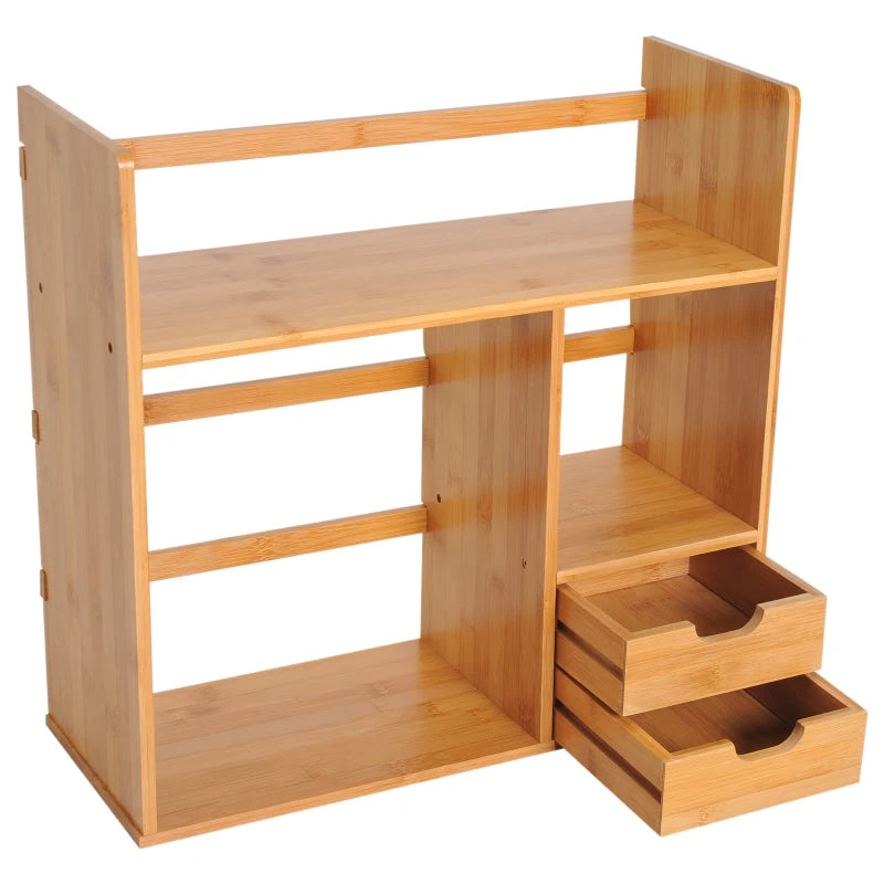 Bamboo Desk Organiser with 2 Drawers - Versatile Desktop Bookshelf & Stationery Storage Shelf for Documents