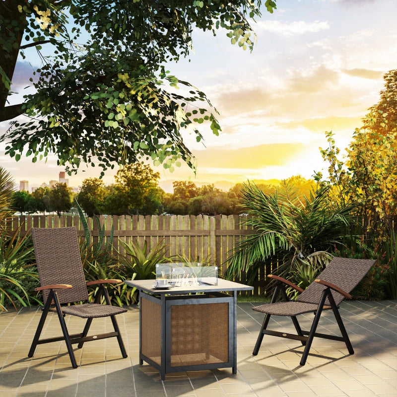 2 Piece Folding Rattan Garden Dining Chairs with Reclining High Back and Wood Armrests