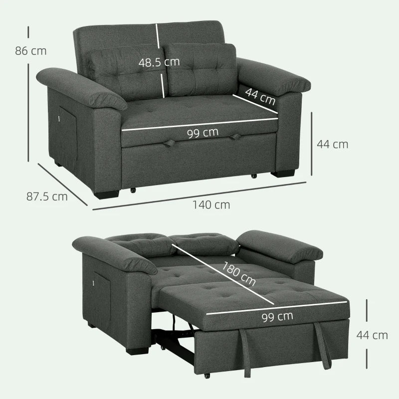 Fabric 2-Seater Click Clack Sofa Bed with Pocket Springs, Cushions and Side Pockets for Living Room, Charcoal Grey