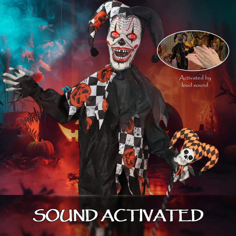 183 cm Life Size Animated Clown with Skull Staff - Scary Halloween Decoration with Light Up Eyes & Sound Activated Movement