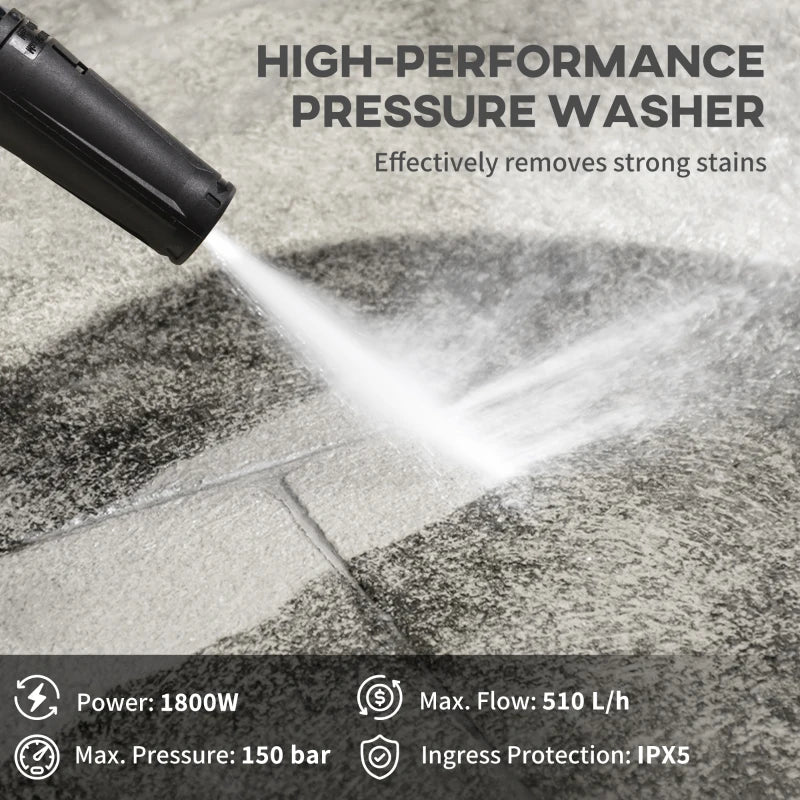 1800W High Pressure Washer - 150 Bar, 510 L/h Flow, Portable Jet Wash Cleaner with 6M Hose & Reel for Garden, Car, Furniture - Yellow