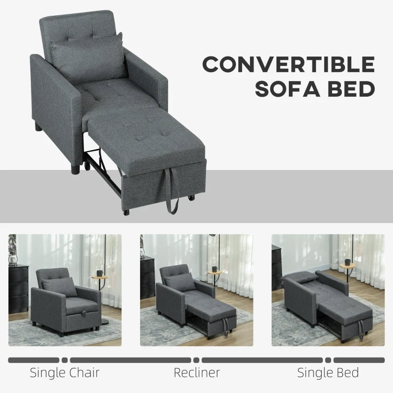 Convertible 3-in-1 Chair Bed with Adjustable Backrest, Pillow and Footrest for Living Room in Dark Grey