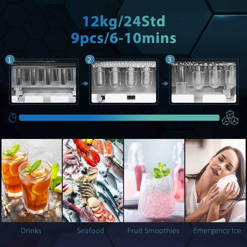 3L Ice Maker & Water Dispenser - 12kg Daily, 9 Ice Cubes in 6-10 Mins, Compact Black Ice Machine