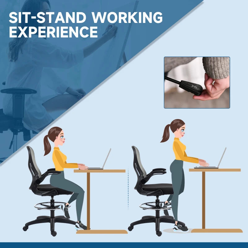 Vinsetto Adjustable Mesh Standing Desk Chair - Flip-up Armrests, Lumbar Support, Adjustable Footrest, Dark Grey