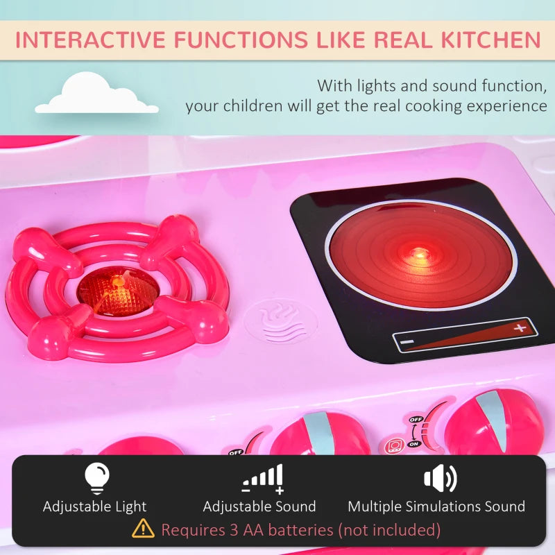 38-Piece Kids Kitchen Play Set with Realistic Sounds & Lights - Food, Utensils, Pots, Pans & Appliances - Pink Toy Game
