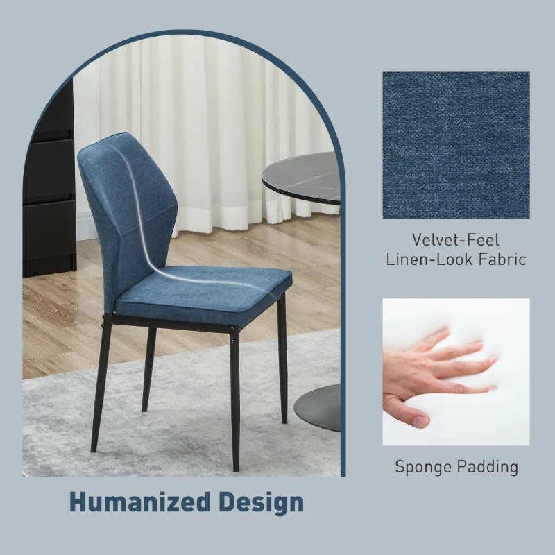 Set of 2 Velvet Dining Chairs - Modern Armless Upholstered Kitchen Chairs with Metal Legs, Curved Back, Padded Seat - Blue