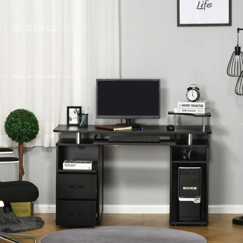 Modern Black Computer Desk with Keyboard Tray, CPU Shelf, Drawers & Sliding Scanner Shelf - Ideal Office Workstation