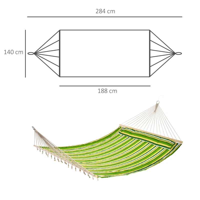 Green Striped Double Cotton Hammock with Pillow - Outdoor Swing Bed 188L x 140W (cm)