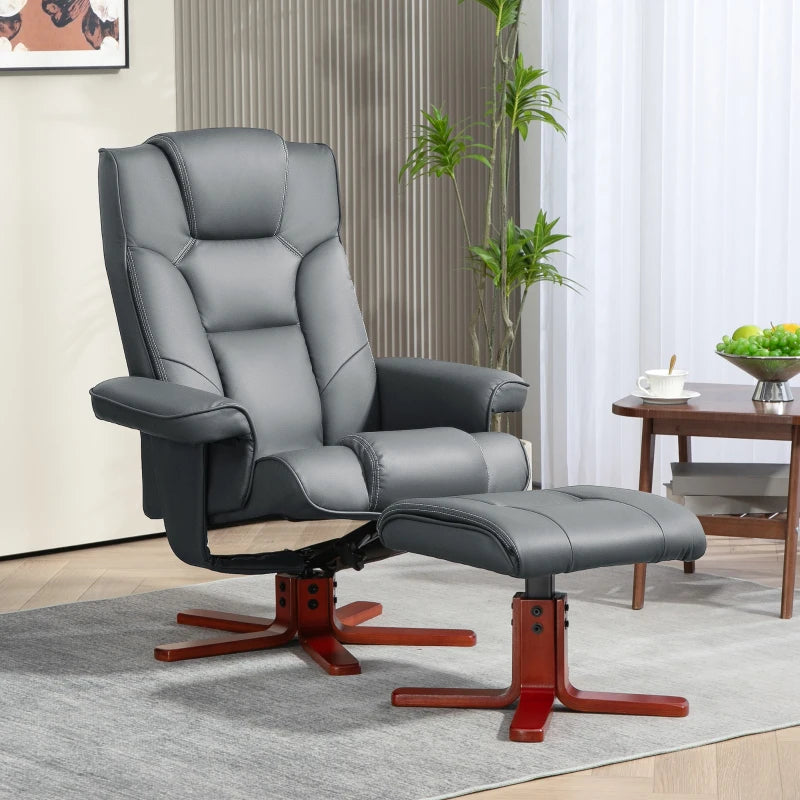 Grey Faux Leather Manual Recliner and Footstool Set for Ultimate Comfort and Relaxation