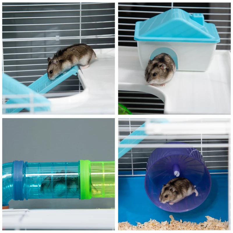 5-Tier Hamster Cage with Tube, Water Bottle, Exercise Wheel & Food Dish - Blue, 59L x 36W x 69H cm