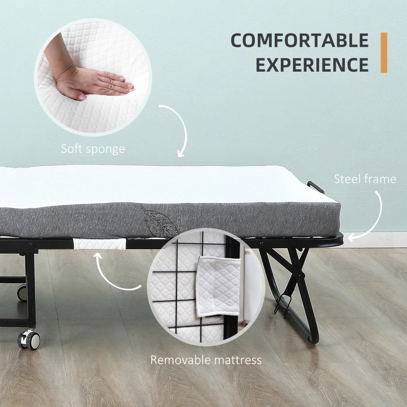 Portable Folding Guest Bed with 10cm Mattress Sturdy Metal Frame on Wheels