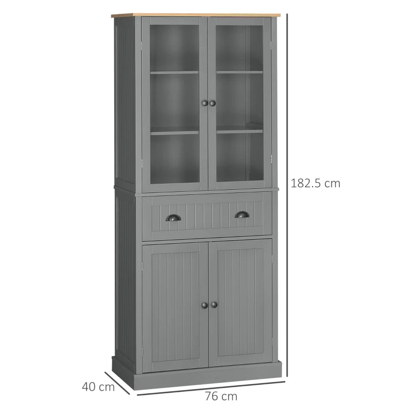 180cm Tall Freestanding Kitchen Pantry Cupboard - 5 Tier Storage Cabinet with Adjustable Shelves & Drawer in Grey