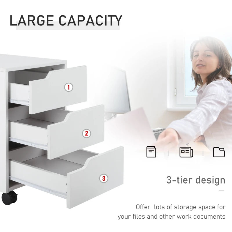 3 Drawer Mobile File Cabinet on Wheels - Vertical Filing Cabinet for Home Office - Stylish White Storage Solution