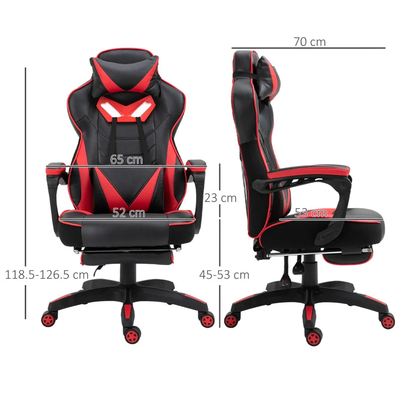 Vinsetto Racing Gaming Chair with Lumbar Support & Footrest - PU Leather Gamer Desk Chair with Headrest & Swivel Wheels, Red