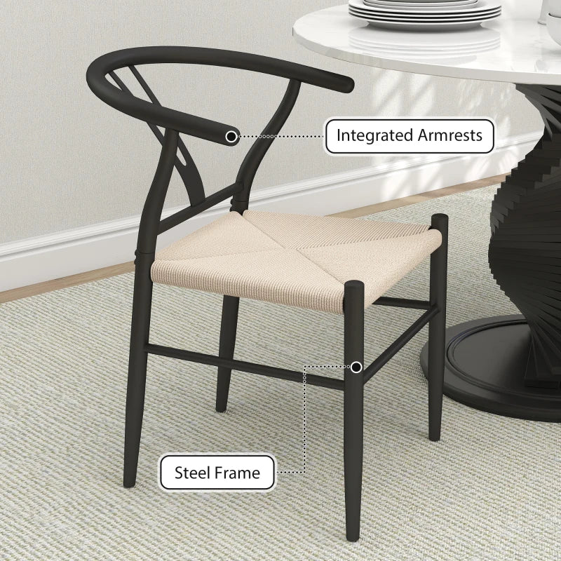 Set of 2 Modern Weave Dining Chairs with Y-Shaped Backrest and Hemp Seat - Black and Beige