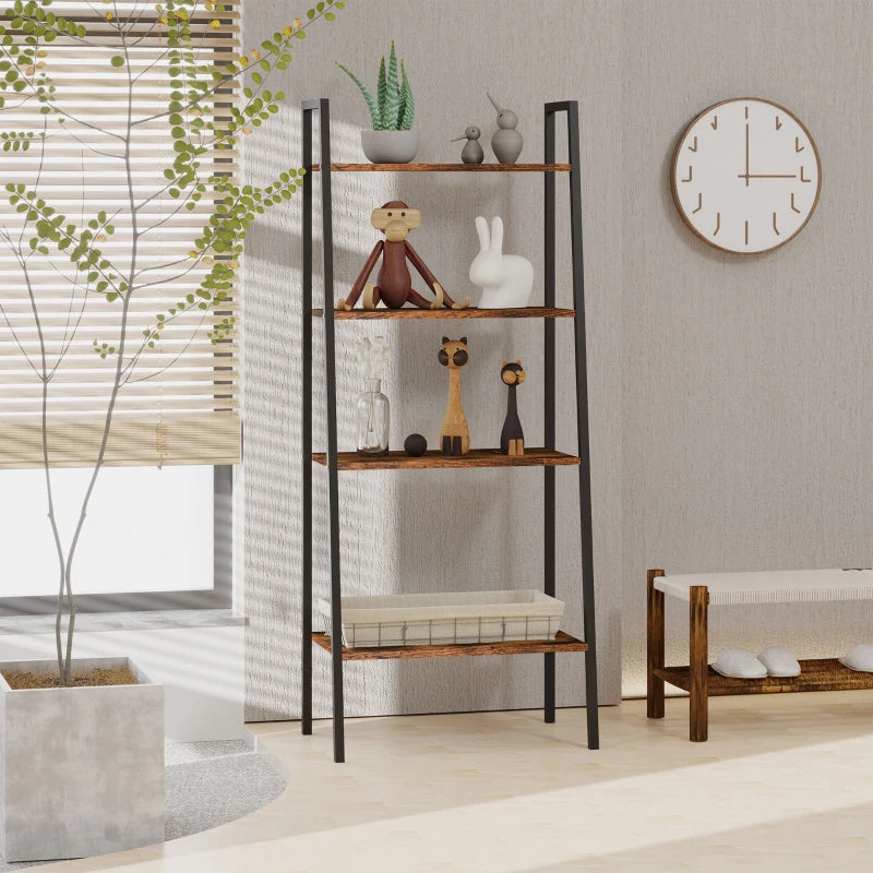 4-Tier Industrial Ladder Shelf - Rustic Brown & Black Bookshelf for Living Room, Bedroom, Kitchen Storage Rack