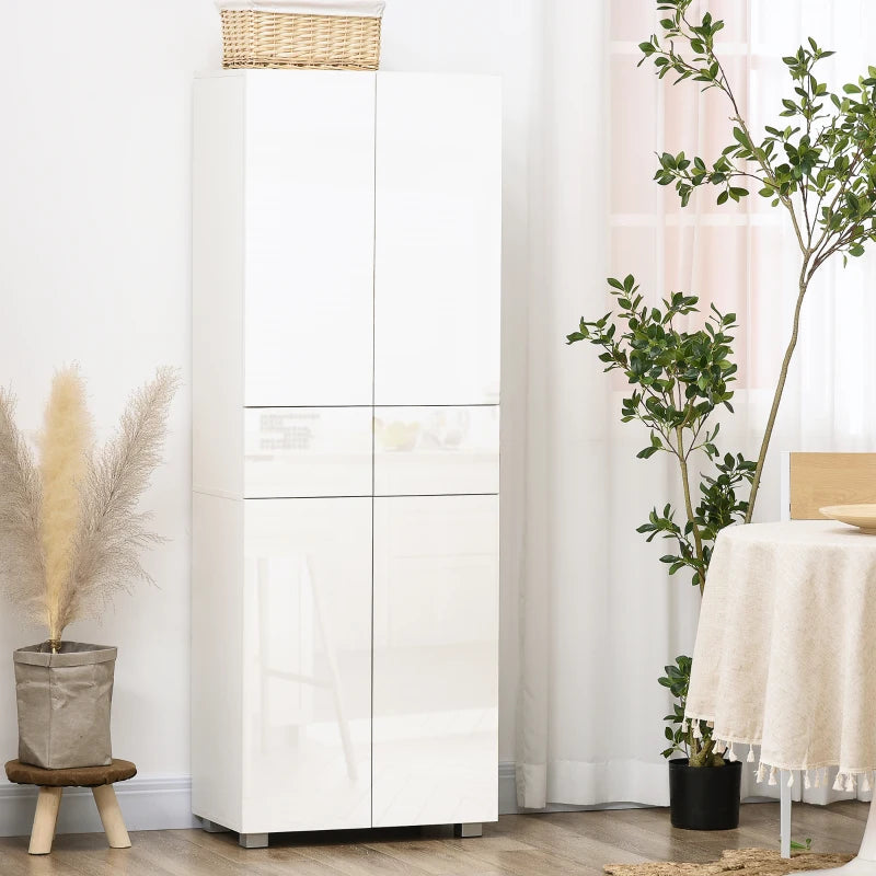 Tall Freestanding 4-Door Kitchen Cupboard with Adjustable Shelves and Drawers for Living Room and Dining Room High Gloss White