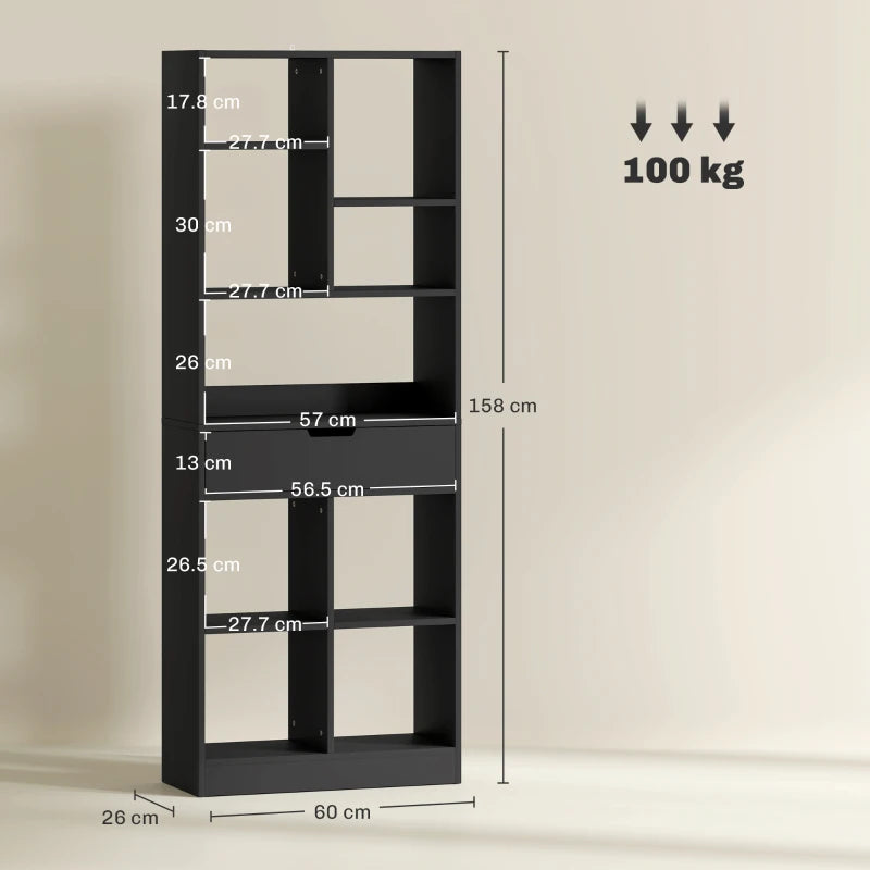 Tall Black Bookshelf with Drawer - Freestanding Bookcase for Bedroom, Living Room & Home Office Storage Solution