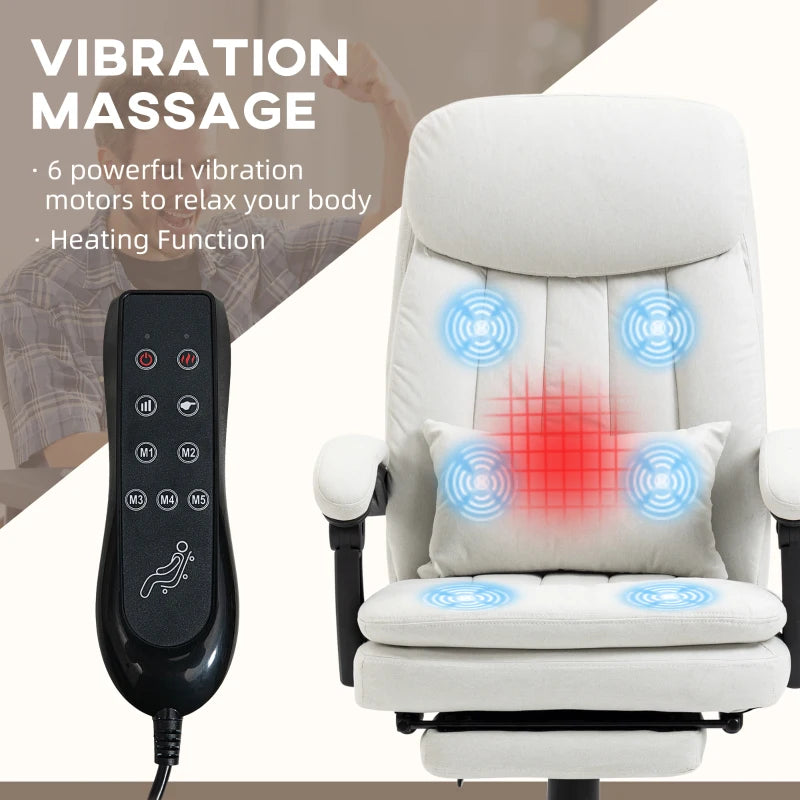 Vinsetto Ergonomic Office Chair with Massage & Heating, 155° Recline, Lumbar Support, Footrest - Cream White