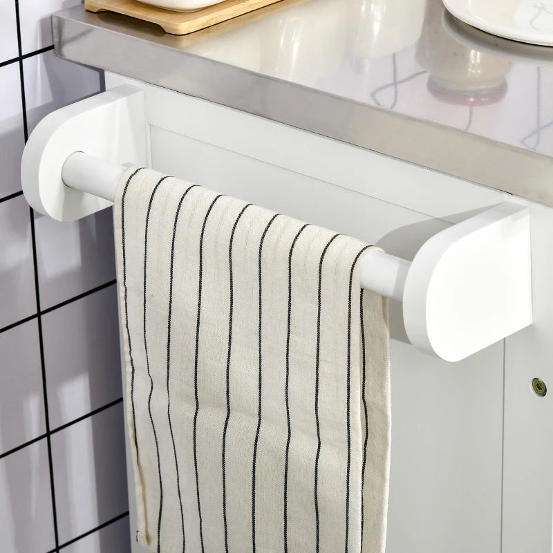 Wooden Kitchen Island on Wheels - Mobile Serving Cart with Stainless Steel Top, Drawer, Side Handle & Rack in White