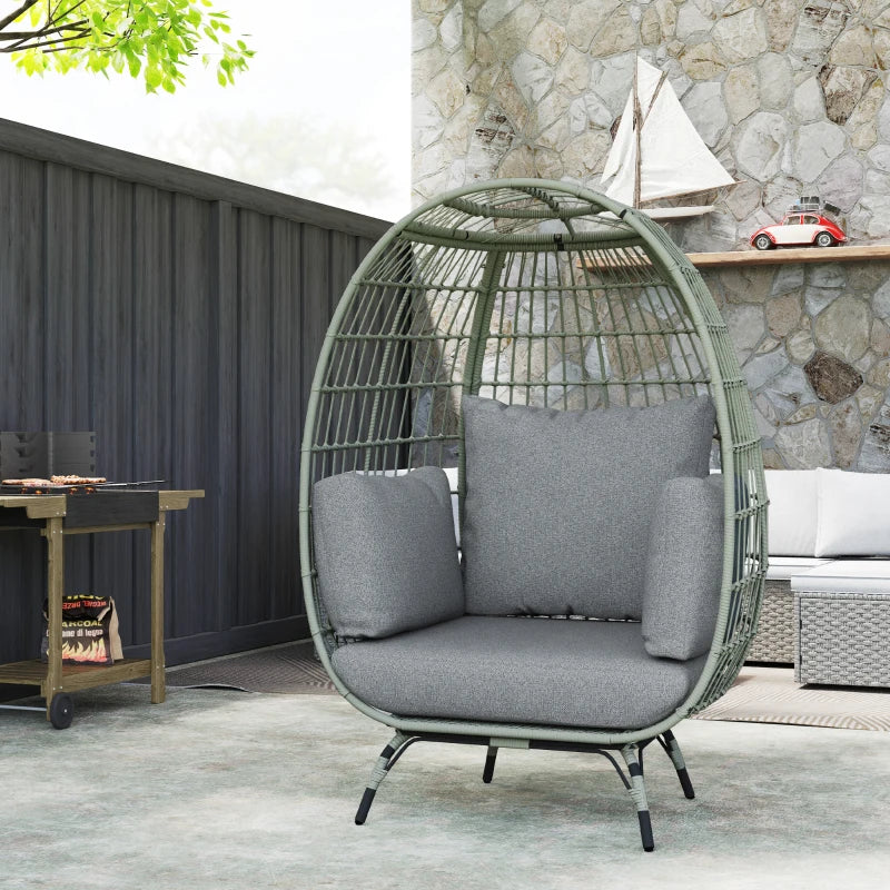 Stylish Rattan Egg Chair with Cushions and Pillows in Charcoal Grey for Outdoor Relaxation