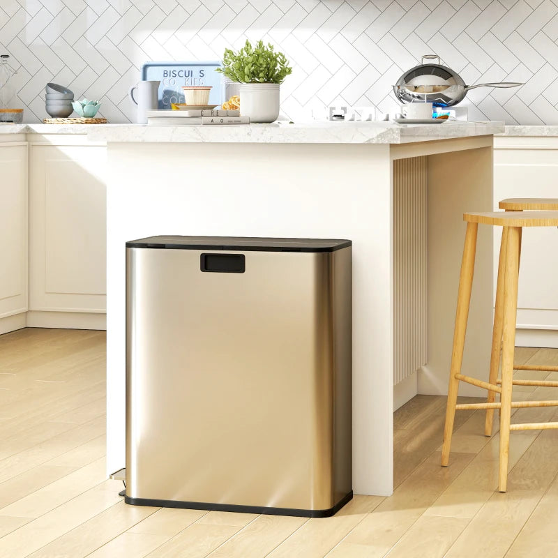 Dual Kitchen Bin with Soft-Close Butterfly Lid - 2x28L Stainless Steel Pedal Bin, Fingerprint-Proof for Recycling & Waste, Silver