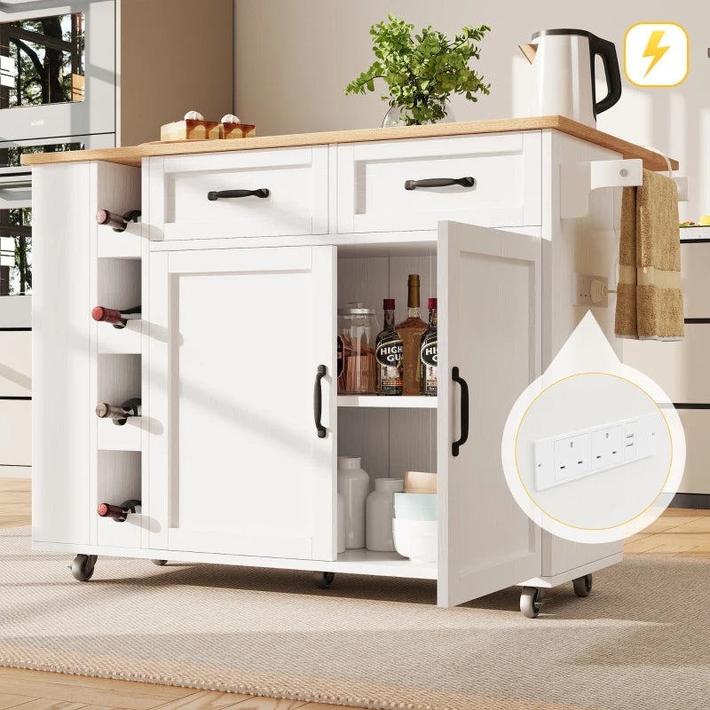 Space-Saving Kitchen Island Trolley with Power Strip, Folding Design & Wine Rack - White & Natural, 131.5L x 76W x 91H cm