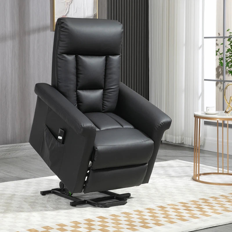 Power Lift Recliner Chair for Elderly - PU Leather Armchair with Extended Footrest, Remote Control and Side Pocket, Black