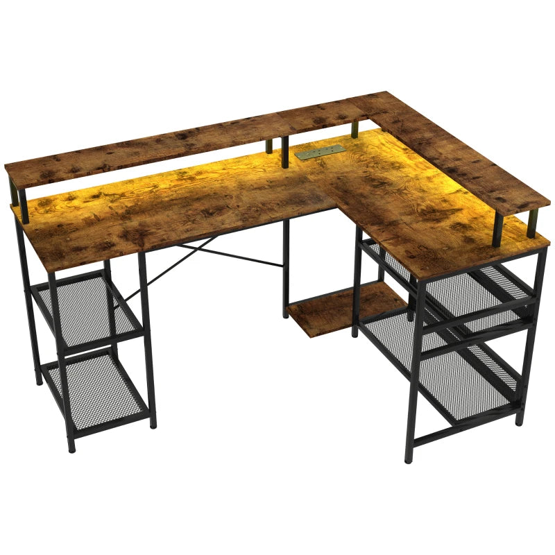 Modern LED Light 'L' Shape Computer Desk with Shelves - Stylish Brown Finish for Home Office