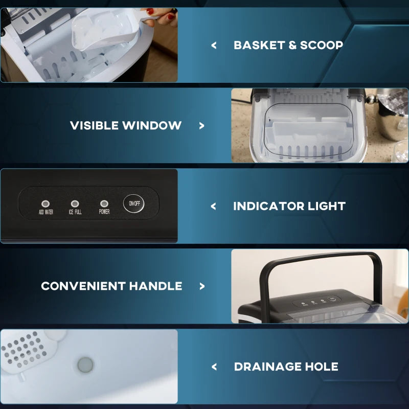 Portable Ice Maker Machine 12Kg Daily Production 9 Cubes Ready in 6-12 Minutes Countertop Ice Cube Maker with Scoop and Basket Black