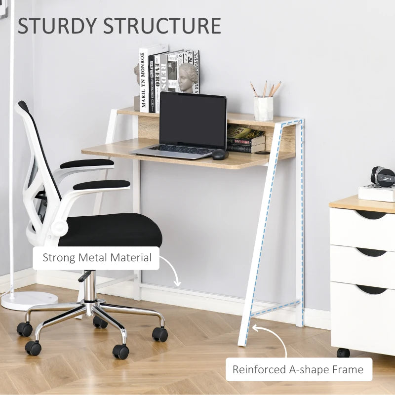 Modern White and Oak Writing Desk - 84L x 45W cm Home Office Computer Table with Storage Shelf for PC & Laptop