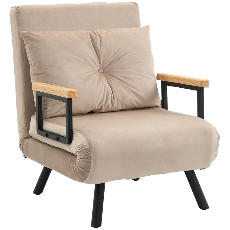 Velvet-Feel Single Chair Bed with Pillow in Beige – Versatile 4-in-1 Design for Comfort and Style