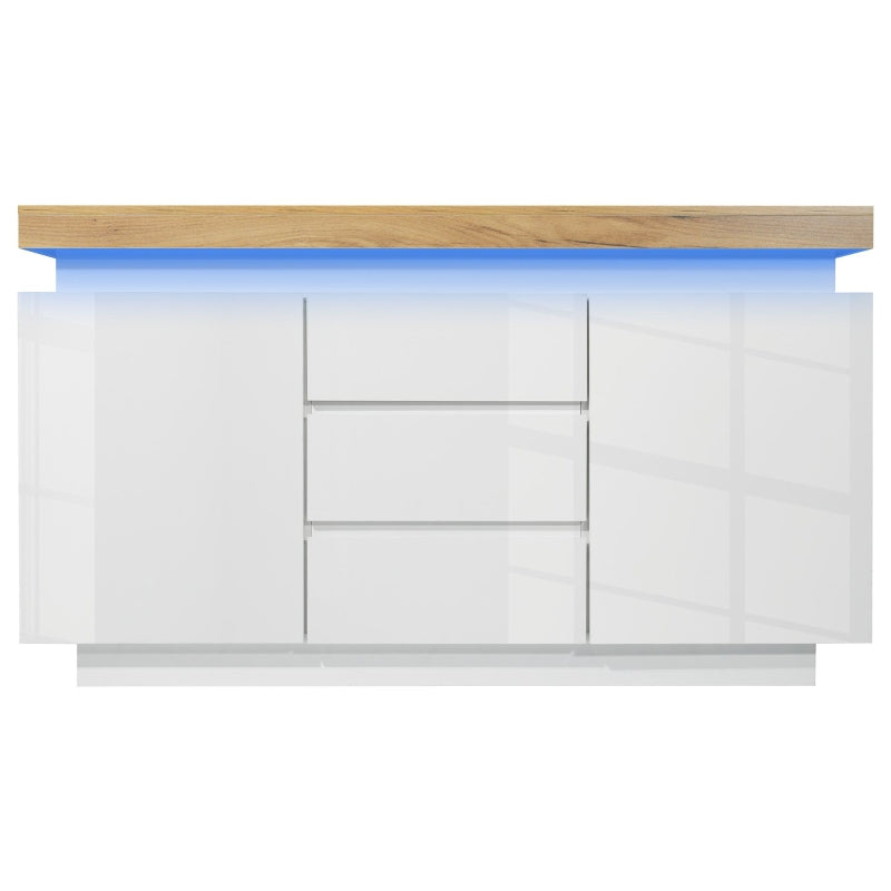 High-Gloss White Chest of Drawers with LED Lighting - 2 Doors & 3 Drawers Sideboard Cabinet, 140x39x81 cm