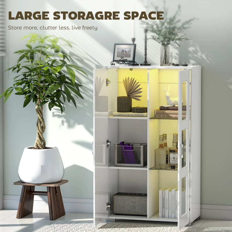 High Gloss White Sideboard with RGB LED Lights - Modern Display Cabinet with Glass Doors & Shelves for Living Room & Dining Room