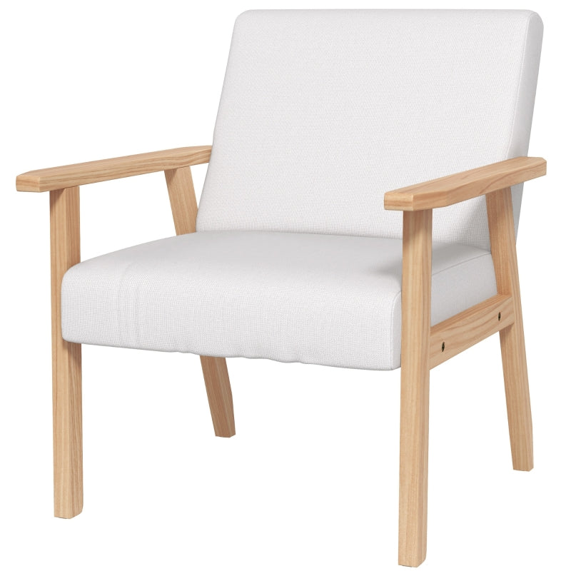 Stylish Cream White Accent Chair with Thick Linen Cushions and Wooden Frame for Home and Office